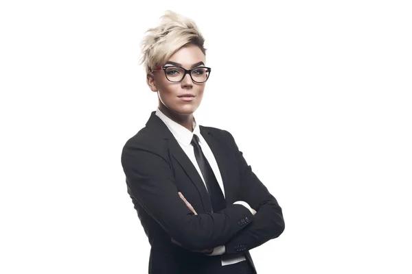 Blond beautiful business lady in black suit — Stock Photo, Image