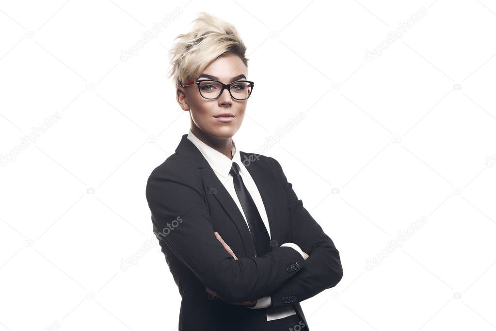 Blond beautiful business lady in black suit