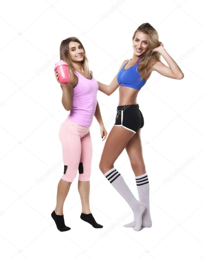 two fitness girl on white baground