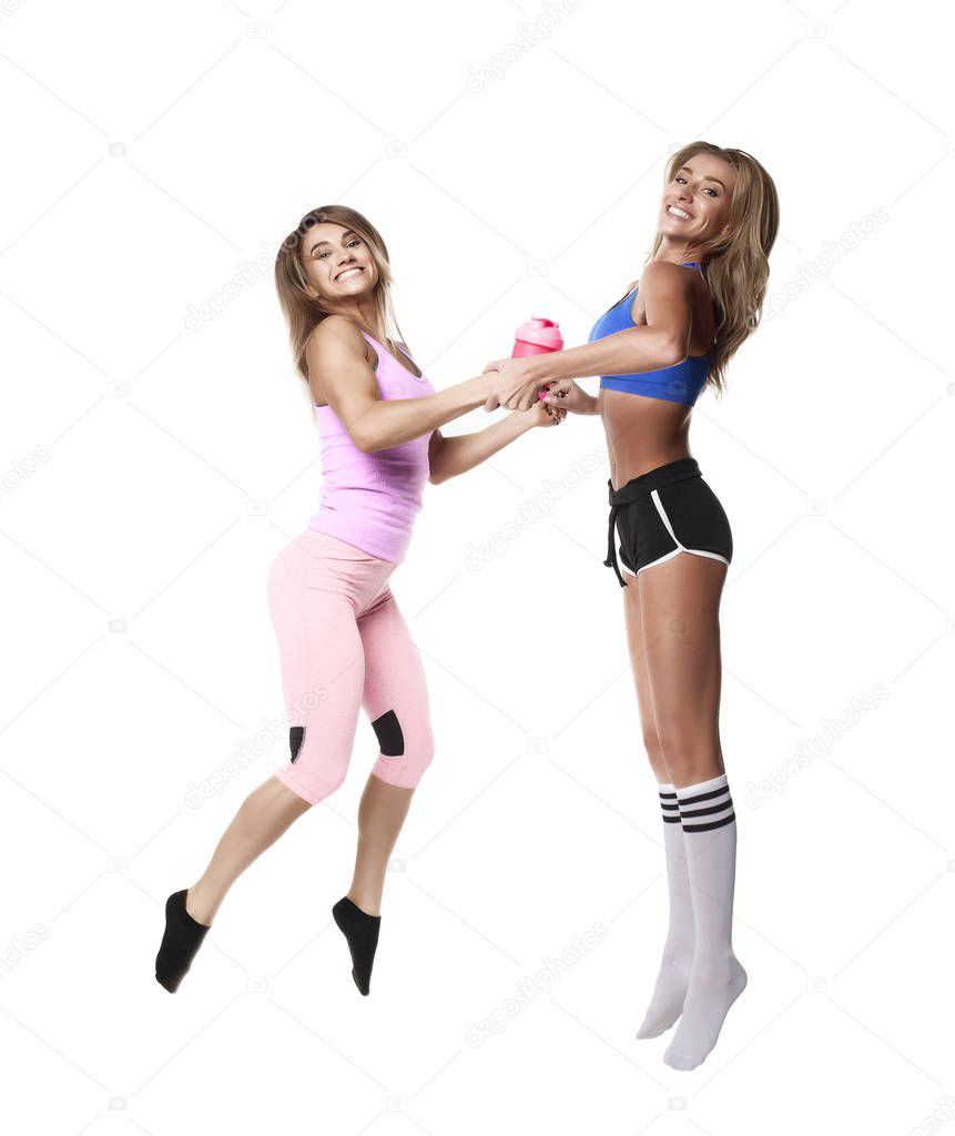 two fitness girl on white baground