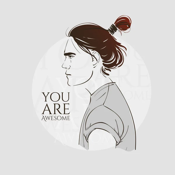 Jovem bonito com cabelo comprido. Hipster topknot penteado. Vector moda mão ilustração desenhada . —  Vetores de Stock