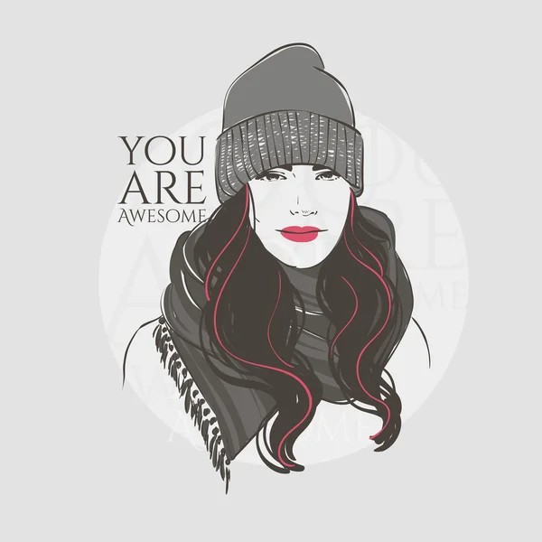 Beautiful woman with long hair in winter clothes, scarf and hat, hand drawn line vector fashion illustration. — Stock Vector