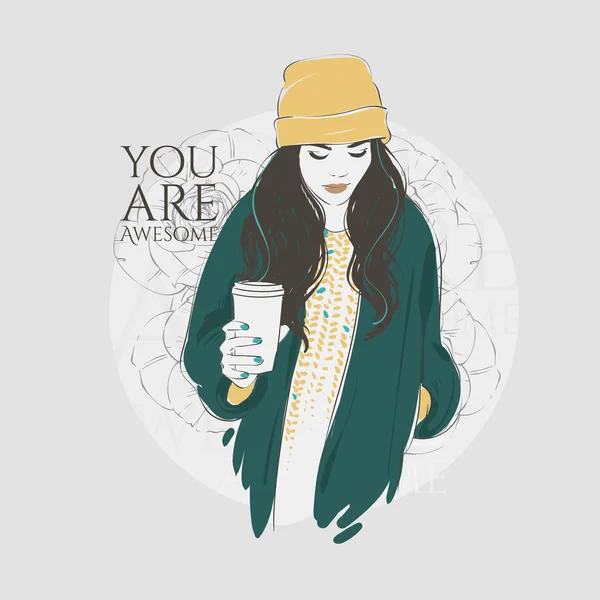 Wanita muda hipster cantik mengenakan jaket fashion dengan kopi. Ilustrasi gambar tangan vektor . - Stok Vektor
