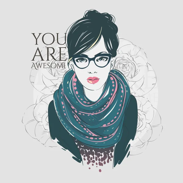 Mooie hipster jonge vrouwen in een mode-vest met sjaal en glazen. Vector hand getekende illustratie. — Stockvector