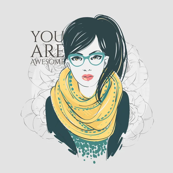 Beautiful hipster young women in a fashion jacket with scarf and glasses. Vector hand drawn illustration. — Stock Vector