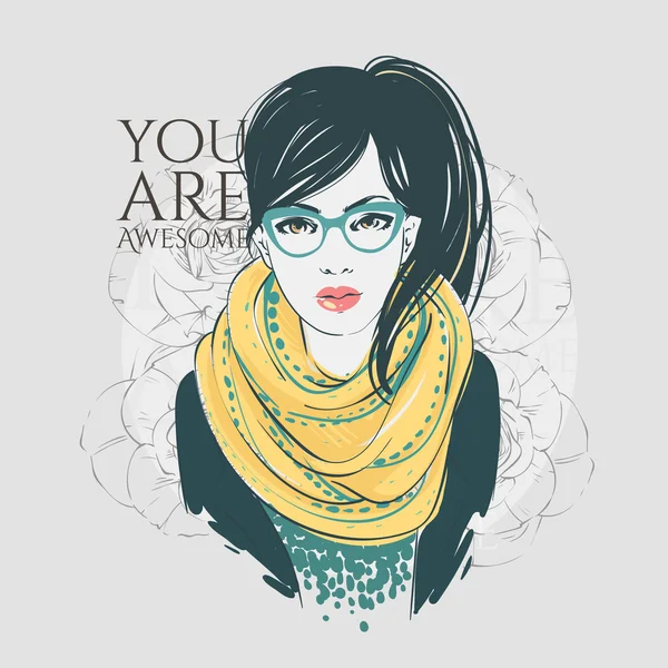 Mooie hipster jonge vrouwen in een mode-vest met sjaal en glazen. Vector hand getekende illustratie. — Stockvector