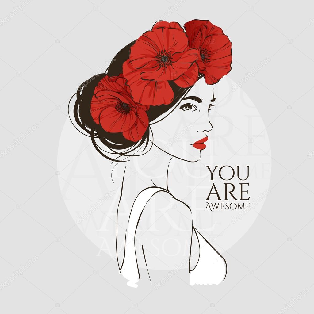 Portrait of young beautiful woman with red poppies in hair. Vector hand drawn illustration.