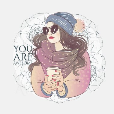 Güzel hipster ceketli bir moda pembe eşarp ve güneş gözlüğü, şapka bubo ve kahve ile genç kadınlar. Vektör el çizilen illüstrasyon.