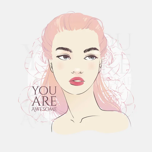 Bella ragazza con i capelli lunghi rosa, linea disegnata a mano vettoriale illustrazione di moda . — Vettoriale Stock