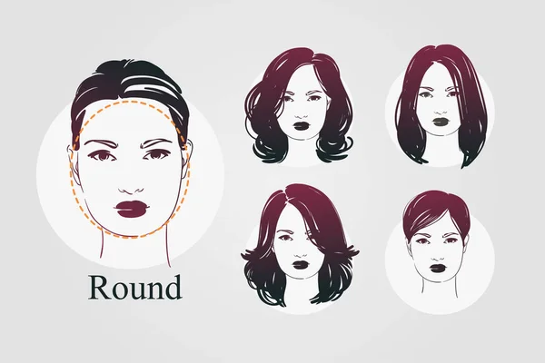 Conjunto de vectores hermosos retratos icono de las mujeres con diferentes cortes de pelo y caras de tipo redondo. ilustración dibujada a mano . — Vector de stock