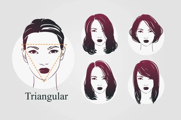 Conjunto de vectores hermosos retratos icono de las mujeres con diferentes cortes de pelo y caras de tipo triangular. ilustración dibujada a mano . — Vector de stock