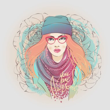 Güzel uzun saçları hipster eşarp ve gözlük ve şapka ile bir moda ceket genç kadınlar. Vektör el çizilen illüstrasyon.