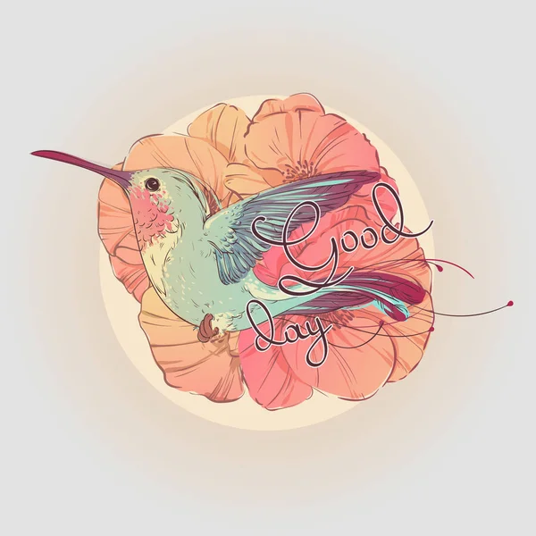 Tropických barevný pták colibri v různobarevné květy máku a nápis dobrý den. Ručně kreslenou vektorové ilustrace. — Stockový vektor