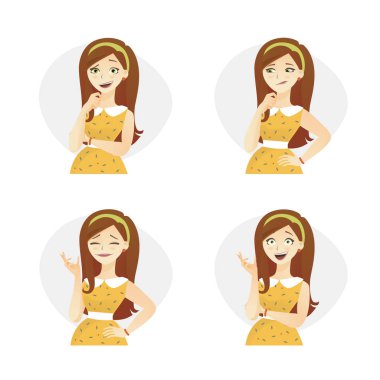 Güzel genç çizgi film Kızıl saçlı kız retro elbise ve saç modeli ile çeşitli duygu sevimli vektör çizimler ayarla.