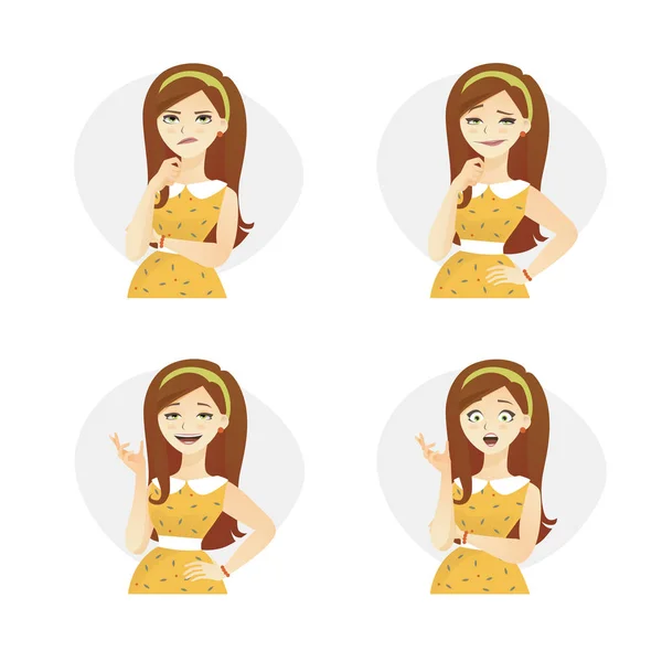 Mignon vectoriel illustrations ensemble de belle jeune fille rousse dessin animé en robe rétro et coiffure avec diverses émotions . — Image vectorielle