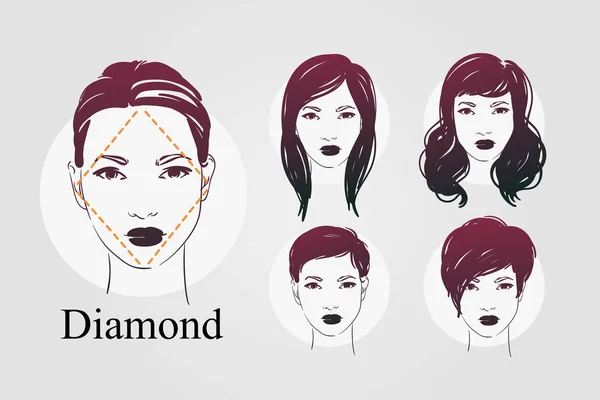 Vector set beautiful women icon portraits with differnt haircut for diamond type of faces. Hand drawn illustration. — Stock Vector