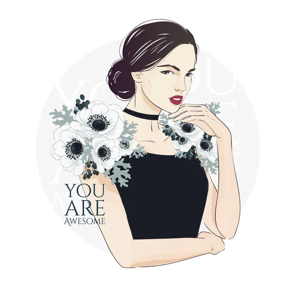 Portret van jonge mooie vrouw met witte anemonen op jurk. Vector hand getekende illustratie. — Stockvector