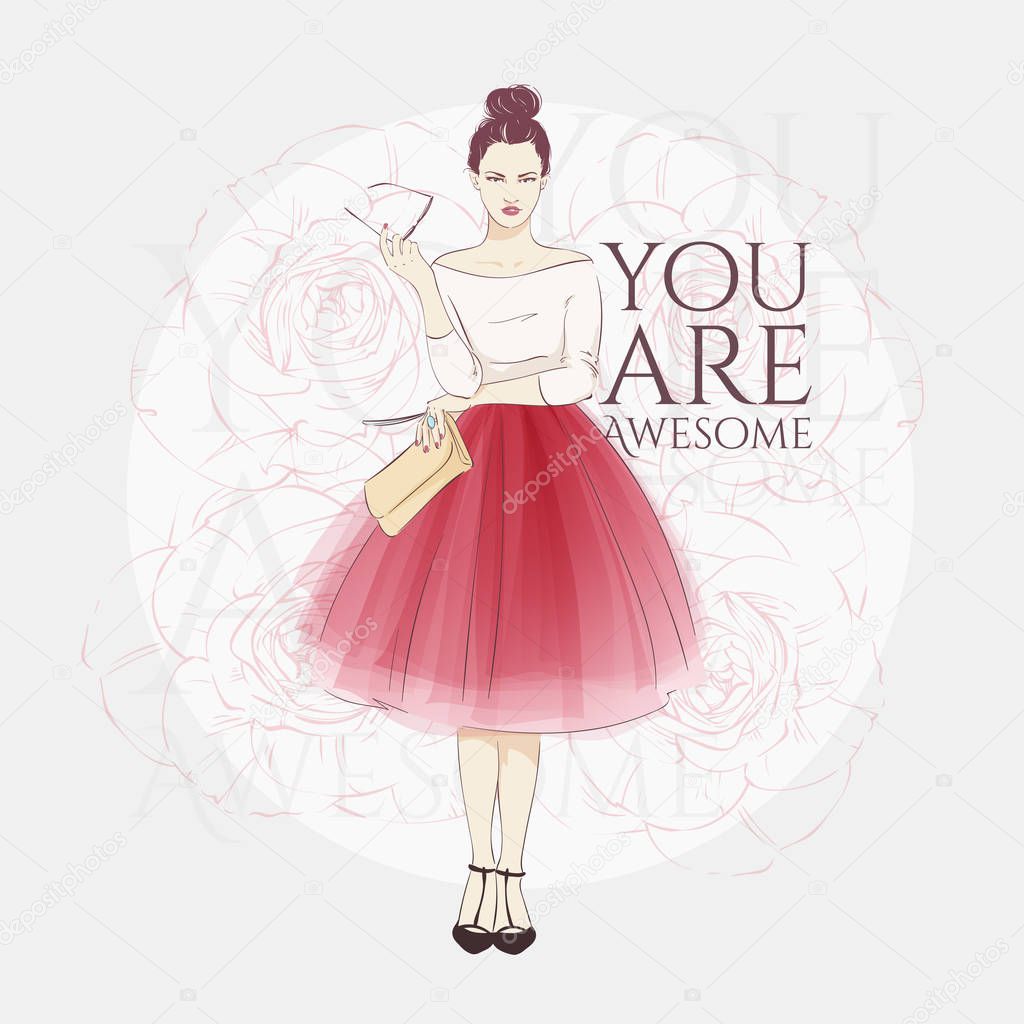 Beautiful young women in a fashion retro clothes and hairstyle holds glasses and bag in pink midi skirt. Vector hand drawn illustration.
