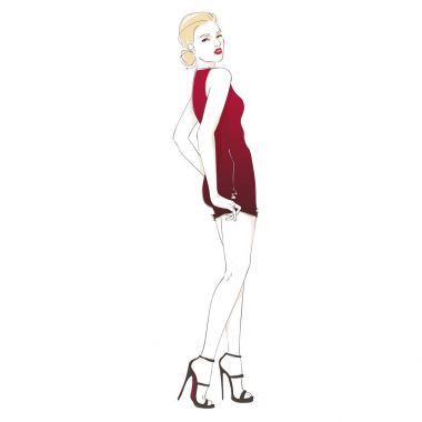 Yüksek topuklar üzerinde reddress uygun olarak güzel seksi sarışın kız. Çizilmiş vektör çizim el