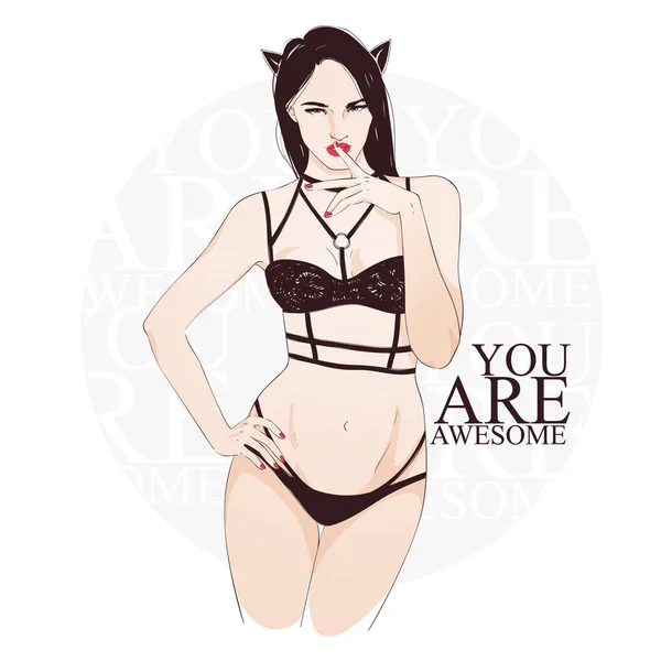 Mulher-gato sexy bonita em nderwear preto grampear e flertar. Ilustração desenhada à mão vetorial — Vetor de Stock