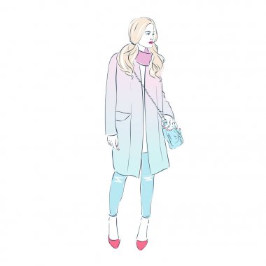 Güzel hipster sarışın genç kadın ile bir moda pembe ceket ve çanta ve yüksek topuklu ayakkabılar ile. Elle çizilmiş şekil. Vektör çizim.