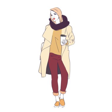 Güzel hipster eşarp kahve ile bir moda ceket genç sarışın kadınlar. Vektör çizim.