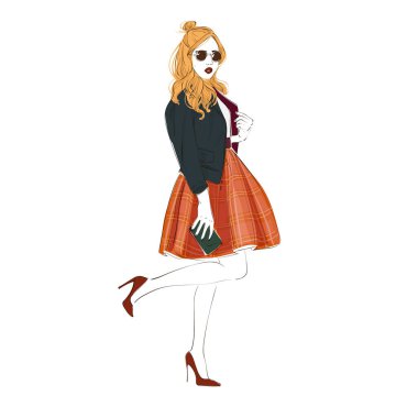 Güzel genç kadın moda retro giysileri, MIDI etek, deri ceket ve güneş gözlüğü ile yüksek topuklar üzerinde çanta. Vektör el çizilen illüstrasyon.
