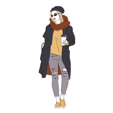 Güzel hipster eşarp kahve ile bir moda ceket genç sarışın kadınlar. Vektör çizim.