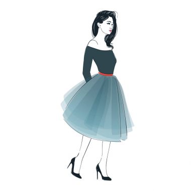 Bir moda retro MIDI etek güzel genç kadın. Vektör el çizilen illüstrasyon.