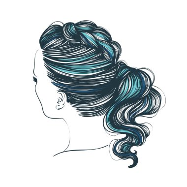 Güzellik kadını lüks uzun örgü saç modeli ile. Vektör el çizilen illüstrasyon.