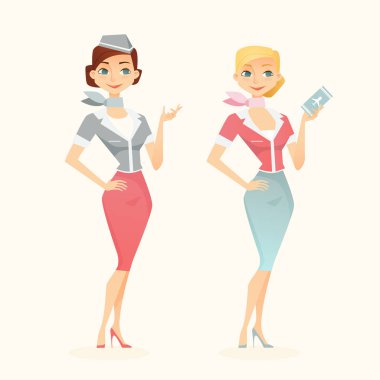 Sevimli çizgi hostes uçak bileti tutarak. Vektör düz stil çizim.