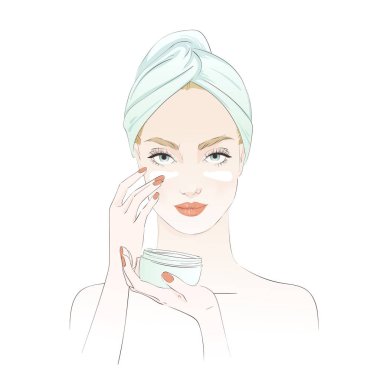 Güzel kız güzellik ayin sırasında krem uygulayın. Vektör el çizilen illüstrasyon.