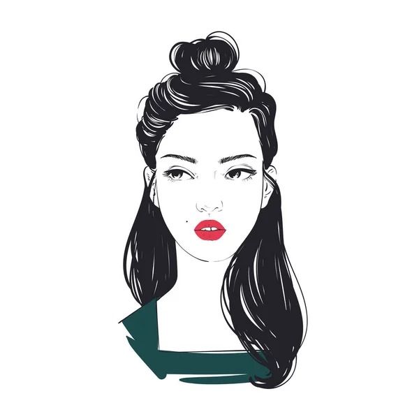 Retrato de jovem mulher bonita com penteado moderno feixe. Ilustração desenhada à mão vetorial . —  Vetores de Stock