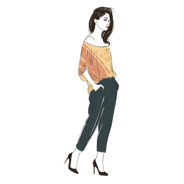 Mujer joven hipster hermosa en una blusa y en tacones altos. ilustración dibujada a mano . — Vector de stock