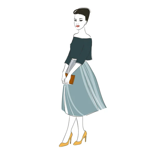 美しい黒い髪の若い女性ブラウス、ハイヒールの靴、ミディ スカート付きハンドバッグ。手描きイラスト. — ストックベクタ