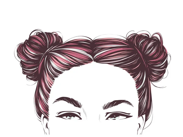 Girl with cute two buns hairstyles. Vector hand drawn illustration. — Stock Vector