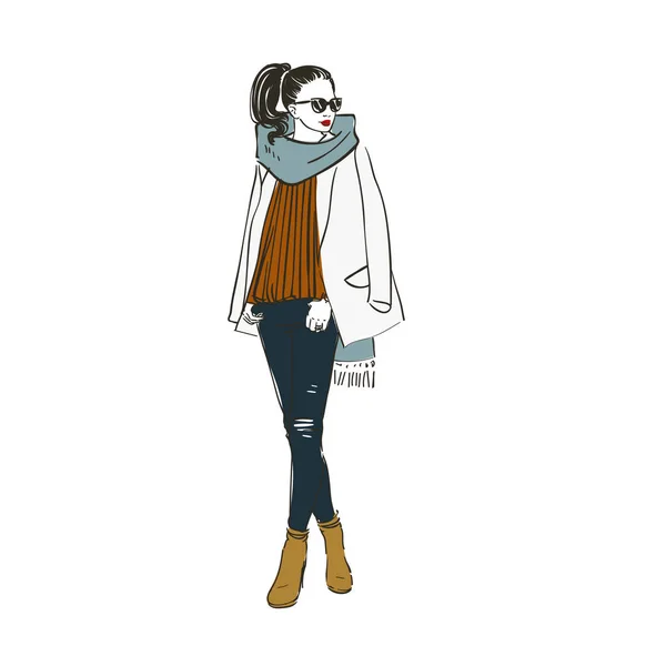 Mooie vrouw in een jas, sjaal en jeans. Vectorillustratie. — Stockvector