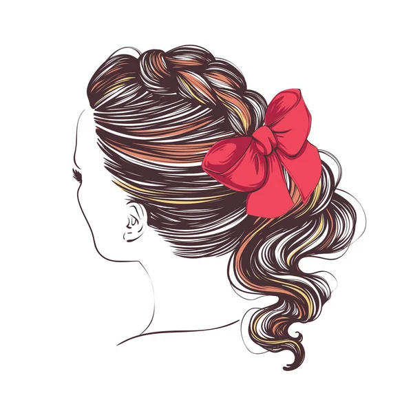 Mulher de beleza com penteado de trança longa de luxo com arco. Ilustração desenhada à mão vetorial . — Vetor de Stock