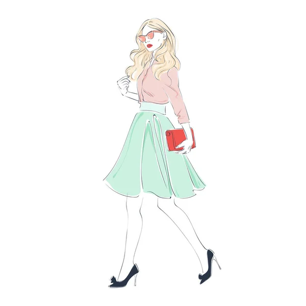 Belle giovani donne in abiti retrò moda, gonna midi e occhiali da sole rosa con borsa. Illustrazione disegnata a mano vettoriale . — Vettoriale Stock