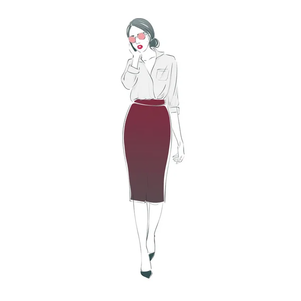 Vackra mode hipster ung affärskvinna i pennkjol och glasögon och smartphone på höga klackar. Handritad illustration. Handritad skiss vektorillustration. — Stock vektor