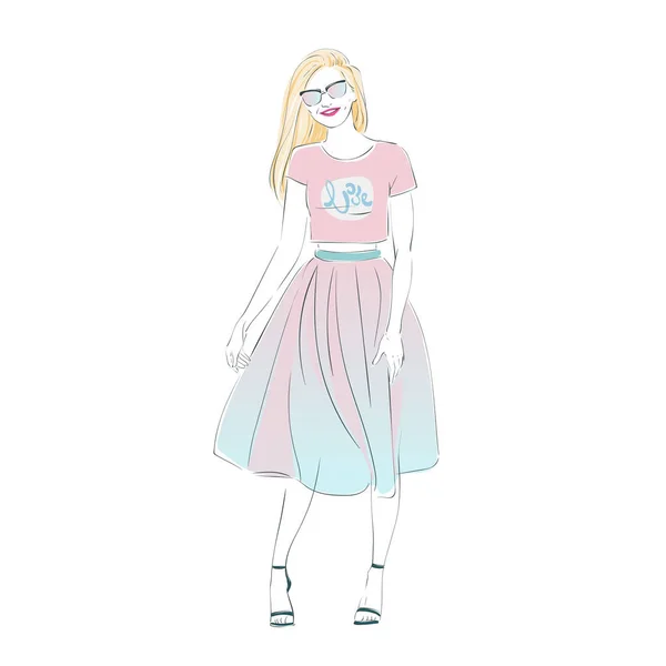 Schöne junge Frauen in modisch pinkfarbener Retro-Kleidung mit Brille. Vektor handgezeichnete Illustration. — Stockvektor