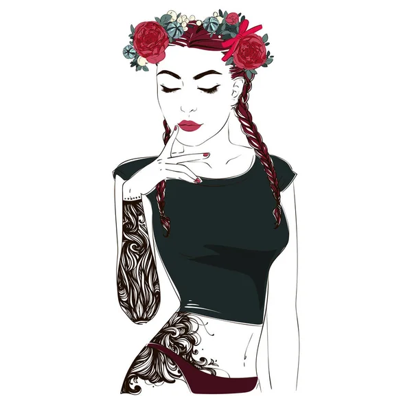 Retrato de una joven hermosa mujer con flores en pelo largo con coletas en camisa y ropa interior con tatuaje en su cuerpo. Vector ilustración dibujada a mano . — Archivo Imágenes Vectoriales