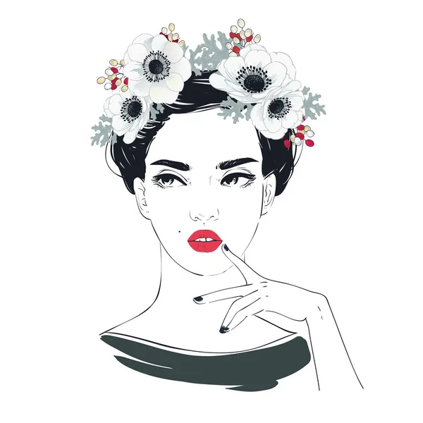 Retrato de mulher bonita jovem com flores no cabelo longo. Ilustração desenhada à mão vetorial . — Vetor de Stock