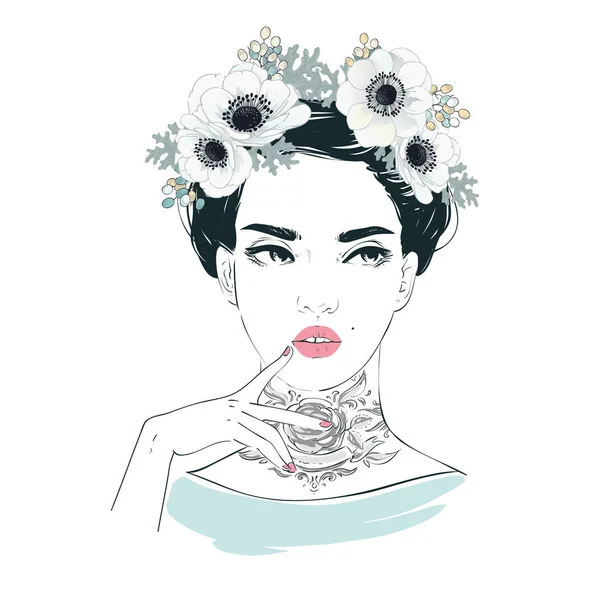 Portrait de jeune belle femme avec des fleurs aux cheveux longs et tatouage sur son cou. Illustration vectorielle dessinée main . — Image vectorielle