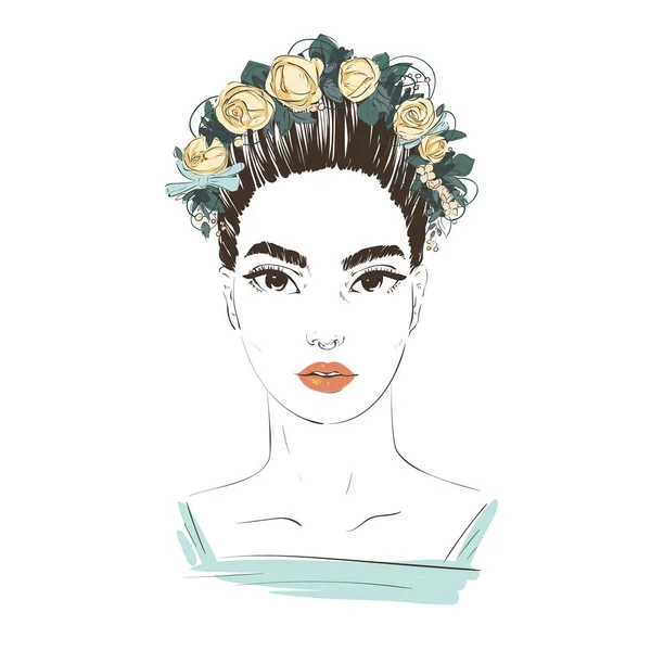Retrato de jovem mulher bonita com rosas no cabelo. Ilustração desenhada à mão vetorial . — Vetor de Stock