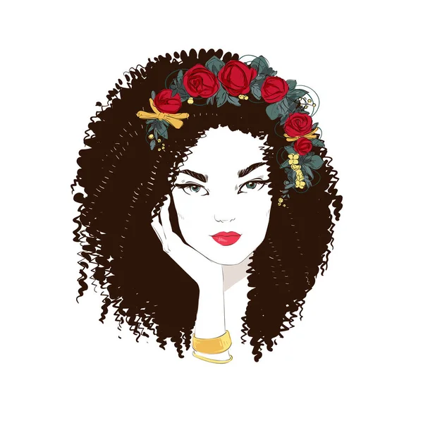 Ritratto di giovane bella donna con rose rosse tra i capelli. Illustrazione disegnata a mano vettoriale . — Vettoriale Stock