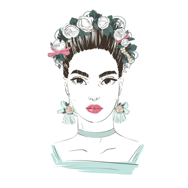 Retrato de jovem mulher bonita com rosas no cabelo e brincos. Ilustração desenhada à mão vetorial . — Vetor de Stock