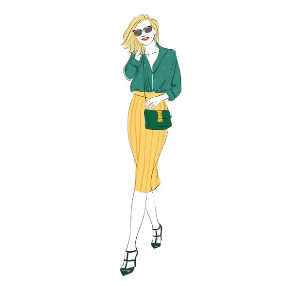 Hermosa moda hipster joven mujer de negocios en falda de lápiz en tacones altos con bolsa. Ilustración hecha a mano. Vector dibujado a mano ilustración del boceto . — Vector de stock