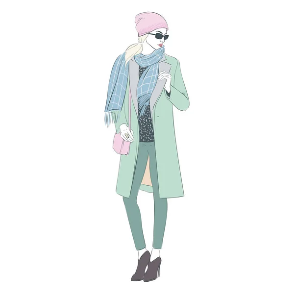 Bella hipster giovani donne bionde in una giacca di moda, sciarpa e occhiali da sole in scarpe e cappello. Illustrazione disegnata a mano vettoriale . — Vettoriale Stock