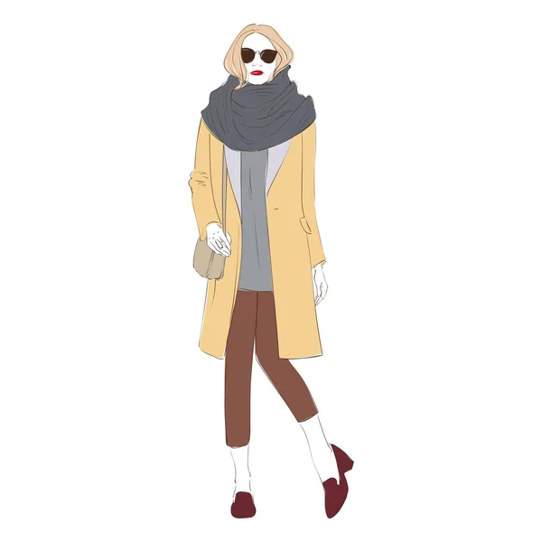 Mooie hipster jonge blonde vrouwen in een mode jas, sjaal en zonnebril in schoenen. Vectorillustratie. — Stockvector